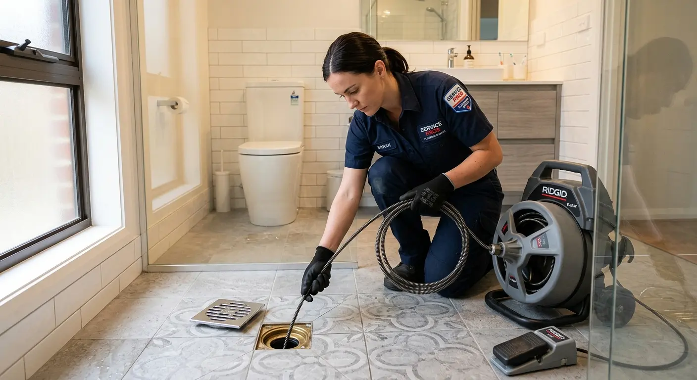 Technician clearing a bathroom floor drain for Clogged Drain Repair in Litchfield